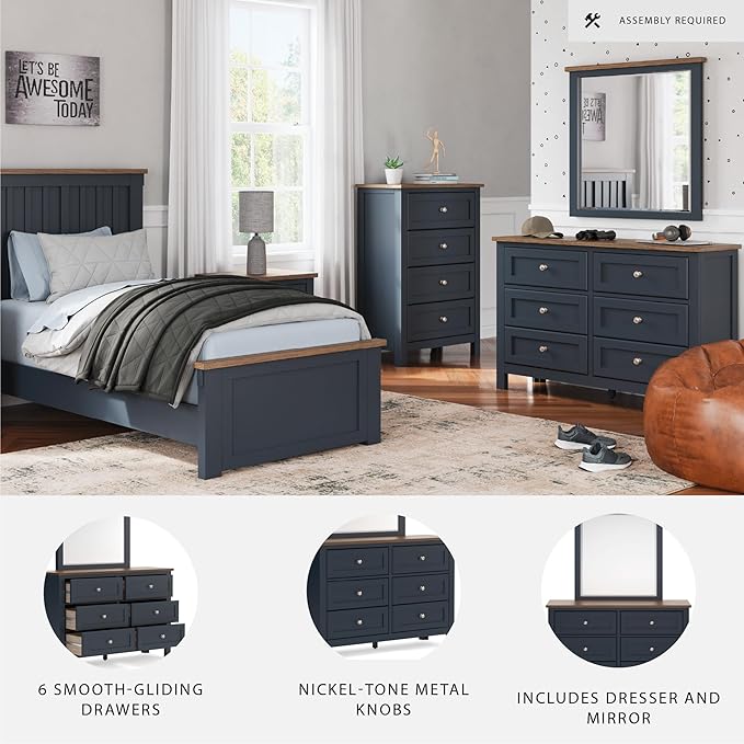 Signature Design by Ashley Landocken Casual 6-Drawer Dresser and Mirror with Safety Stop, Blue & Light Brown