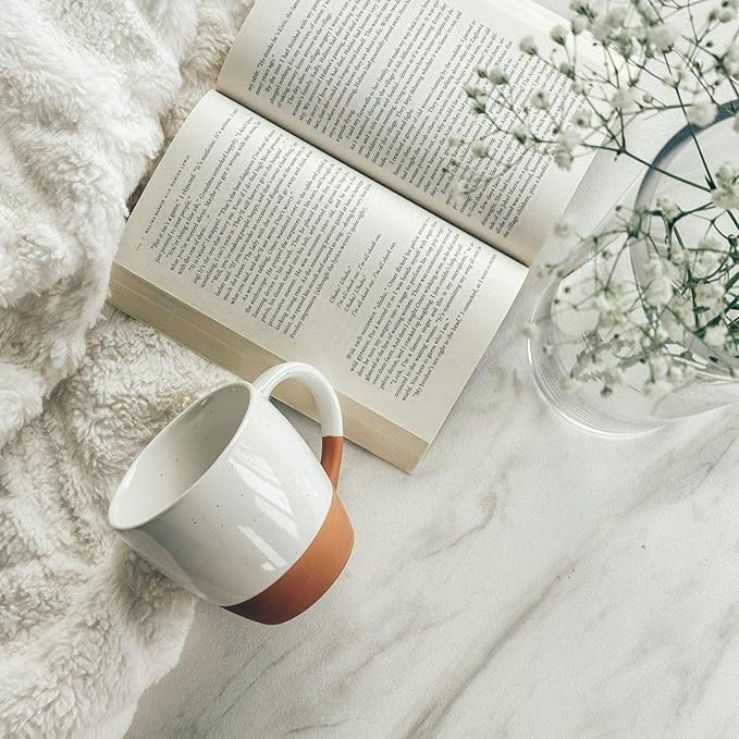 Mora Ceramic Large Latte Mug Set of 4, 16oz - Microwavable, Porcelain Coffee Cups With Big Handle - Modern, Boho, Unique Style For Any Kitchen. Microwave Safe Stoneware - Vanilla White