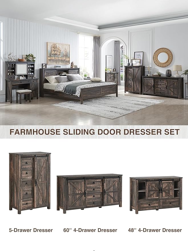 T4TREAM 48'' Farmhouse Dresser w/4 Drawers & 2 Sliding Barn Doors, Tall Chest of Drawers Organizer, Rustic Dresser TV Stand w/Adjustable Shelf for Bedroom, Living Room, Nursery Room, Dark Rustic Oak