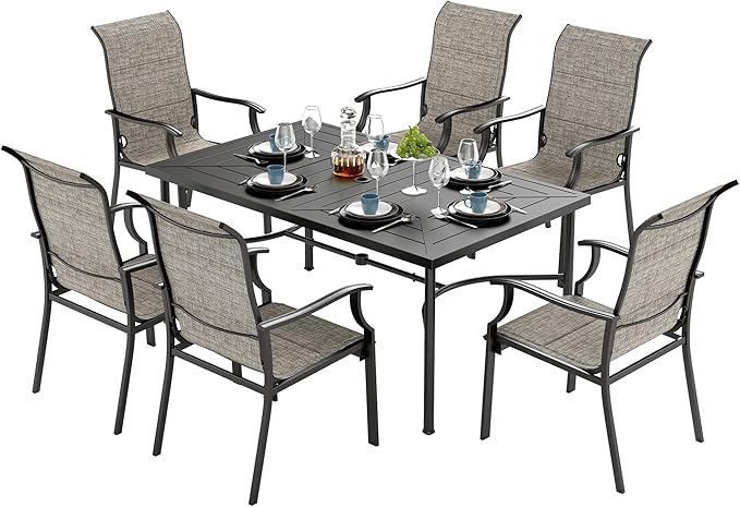 7 Piece Patio Dining Sets for 6, Black Outdoor Table and Chairs Set with 1 Wood-Like Patio Table(1.57"-1.9" Hole) and 6 Textilene Patio Chairs, Outdoor Dining Sets for Deck Backyard