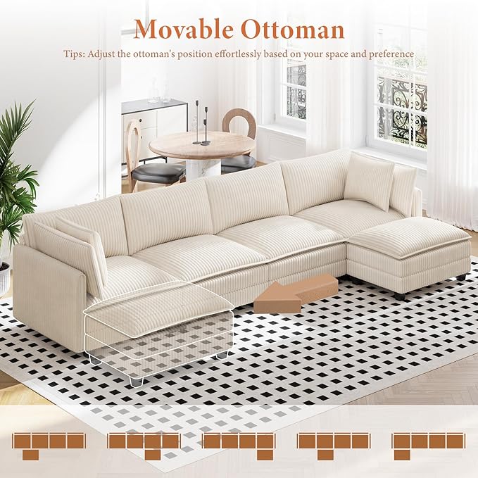 Vesgantti 143" L Shaped Modular Sectional Sofa, Comfy Corduroy Upholstered Modular Sectional Couches for Living Room, Modern Cloud Couch with Ottoman Deep Seat, Beige