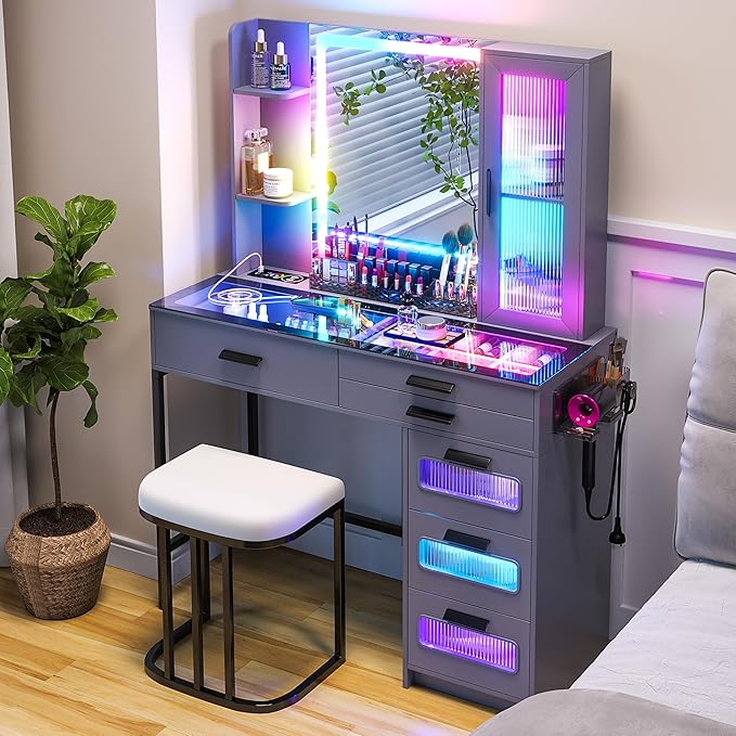 HENBC Vanity with Mirror and LED Lights, Glass Top Vanity Desk with Charging Station(Wireless+USB+Type-C), RGB Makeup Table Set with Stool/Makeup Organizer/6 Drawers for Bedroom (Grey)