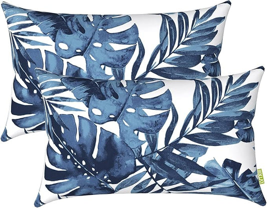 LVTXIII Outdoor/Indoor Lumbar Pillows, Decorative Patio Lumbar Cushions, Fluffy Water Repellent Garden Cushions for Home Patio Coach Sofa Use, 12×20 Inch, Pack of 2, Palm Blue