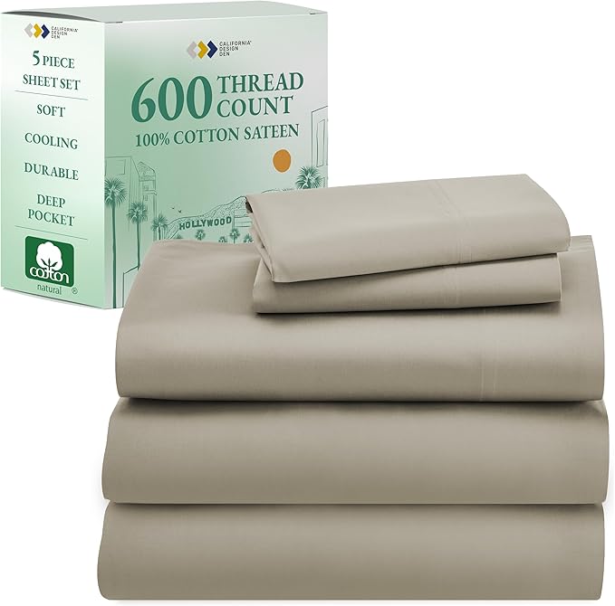 California Design Den Split King Sheet Set - 100% Cotton, 600 Thread Count, Breathable Luxury King Size Sheets for Adjustable Bed, Luxury Hotel-Quality Sheets with Soft Sateen Weave (Cool Taupe)