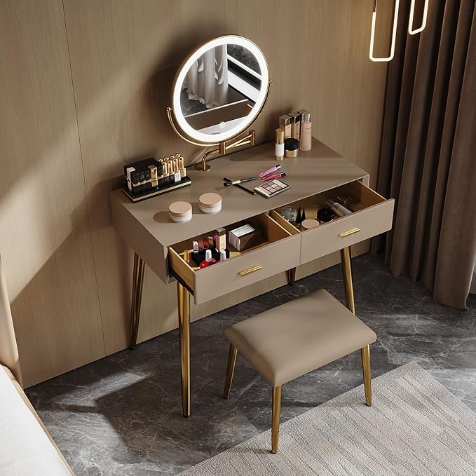 Vanity Desk with Adjustable Mirror and Lights, Makeup Desk with Drawers and Chair, Dressing Table Set with Leather Surface, Small Vanity Table for Bedroom, 3 Lighting Modes (Cappuccino)