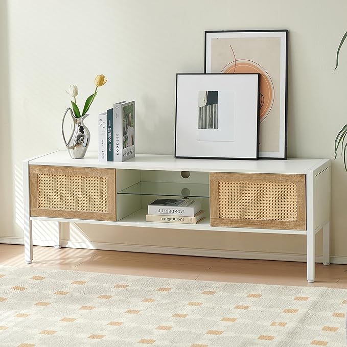 TV Stand, 54.33" TV Console for TVs up to 65 Inches, Mid Century Modern TV Stand Entertainment Center with Storage, with Rattan Door, Shelves & 2 Cabinets, 16 Color Light Strip, White