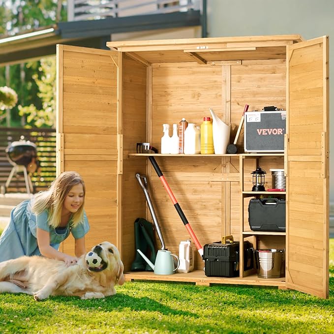 VEVOR Outdoor Storage Shed, Large Wooden Outside Storage Cabinet with Waterproof Roof and Metal Frame, Double Lockable Doors Garden Tool Shed Storage House Cabinet with Shelves, 55.1"x23.6"x67.5"