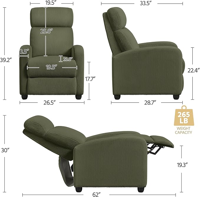 Yaheetech Corduroy Recliner Chair Single Sofa Home Theater Seating Adjustable Modern Reclining Chair for Living Room Bedroom Home Theater Dark Green