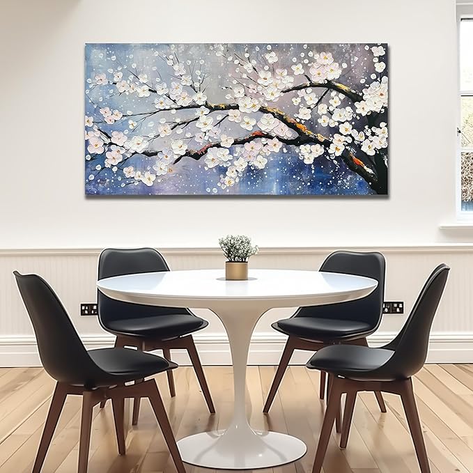 Plum Blossom Painting Wall Decor for Bedroom Women Modern Wall Art for Office Blue and White Wall Art for Living Room Large Size 29 x 58 Inch