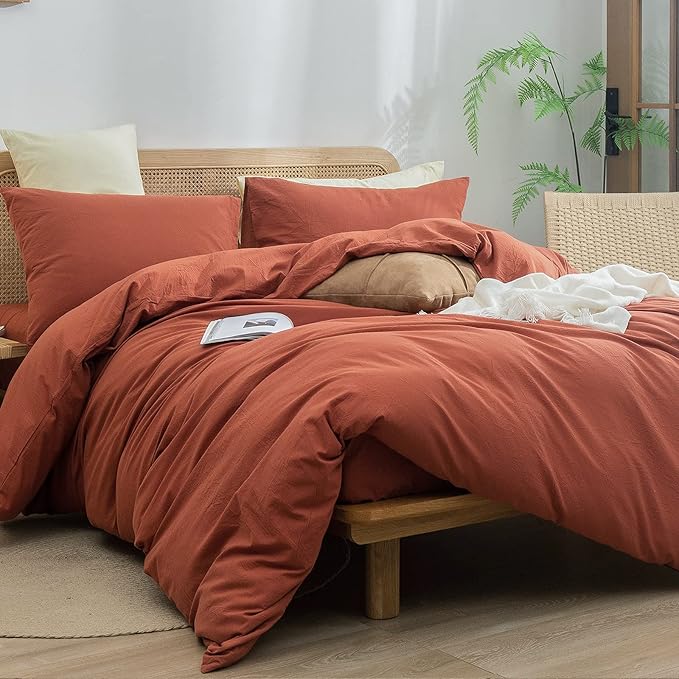 BESTOUCH Duvet Cover Set 100% Washed Cotton Linen Feel Super Soft Comfortable Chic Lightweight 3 PCs Home Bedding Set Crimson Red King