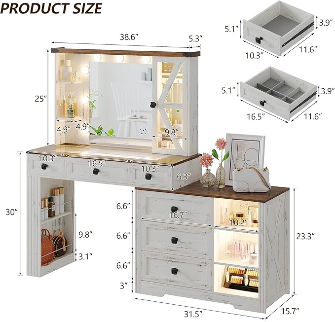 Farmhouse Vanity Desk with Lighted Mirror, Makeup Vanity Table with 9 Hollywood Bulb Lights/6 Drawers/Large Storage, White Dressing Table 3 Colors Lighting & Charging Station for Women