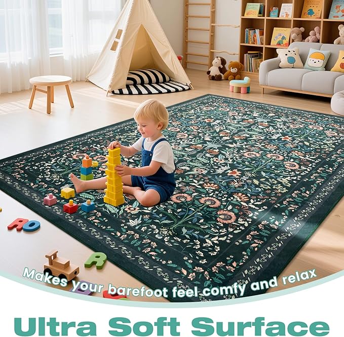 Area Rug Living Room Rug, 6X9 Rugs for Living Room Floral Boho Low Pile Super Soft Washable Rug, Stain Resistant Indoor Floor Non-Slip Carpet for Bedroom Bedside Dining Room Kitchen Nursery, Green