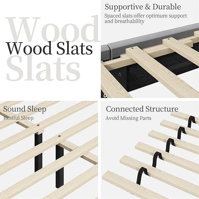 Yaheetech Queen Bed Frame Upholstered Platform Bed with Wing Side/Wooden Slat Support/Tufted Headboard with Wing Side/Mattress Foundation/No Box Spring Needed,Light Gray Queen Bed