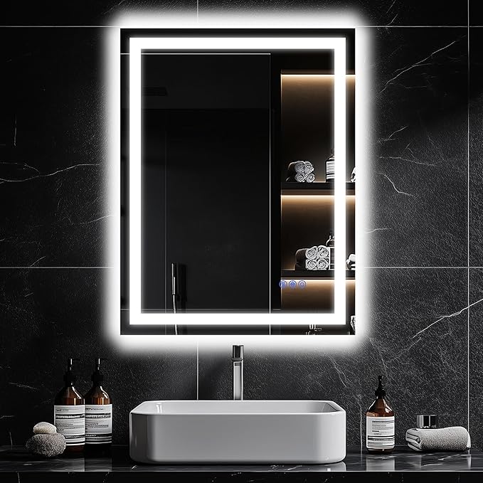 Antok 24"x 32" LED Bathroom Mirror with Lights, Anti-Fog, Dimmable, Lighted Vanity Mirror with Tempered Glass, Memory Function, 3 Light Modes, Safe Use, Horizontal, Vertical