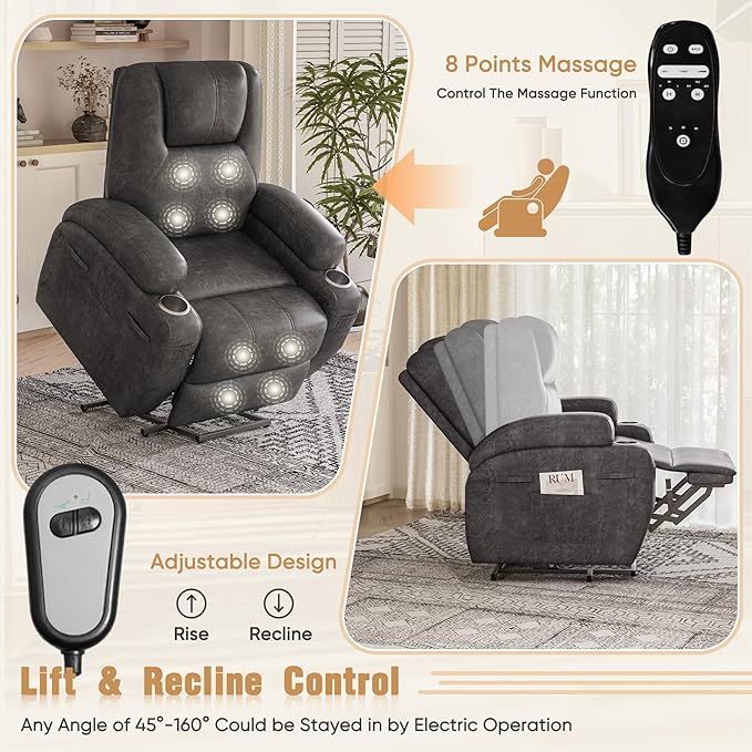 Power Lift Recliner Chair with Massage Electric Lift Chair for Elderly, Ergonomic Recliner with Cup Holders & Side Pockets, Modern Single Sofa for Living Room (Leathaire, Deep Gray)