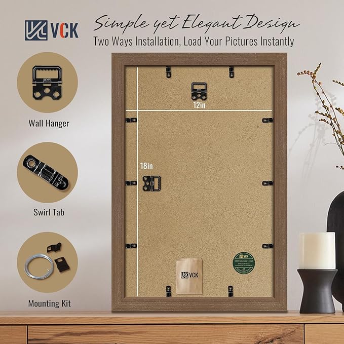 VCK 12x18 Brown Picture Frames 3 Pack, High-End Wood Wide Border Poster Frame, Multi-Directional Display Family Photos, Office Prints, Studio/Gallery/Home Artwork