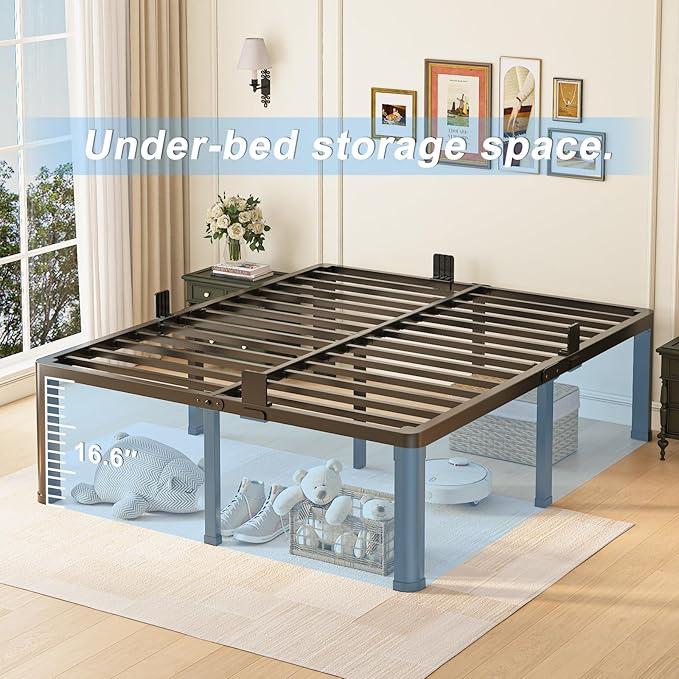 18 inch King Size Bed Frame with Round Corner Legs Mattress Slide Stopper,3500 lbs Heavy Duty Metal Platform,Steel Slat Support,No Box Spring Needed,Easy Assembly,Noise Free