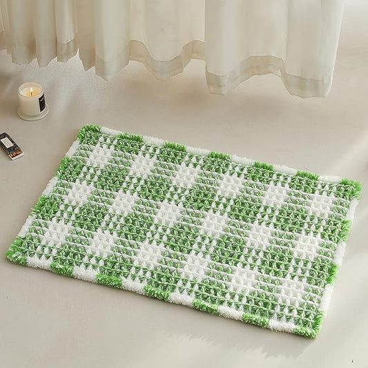 Waffle Bath Mat, Boho Bathroom Rugs Non Slip Washable Absorbent Checkered Bathroom Mat Quick Dry Cute Bath Mat, 24"x16" Green and White