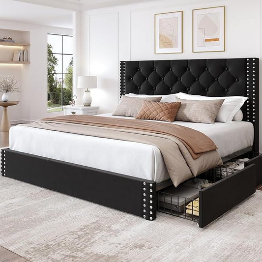 Full Size Bed Frame with 4 Storage Drawers and Tufted Headboard Velvet Upholstered Platform Bed Frame with Heavy Duty Wood Slats, No Box Spring Needed, Easy Assembly, Black