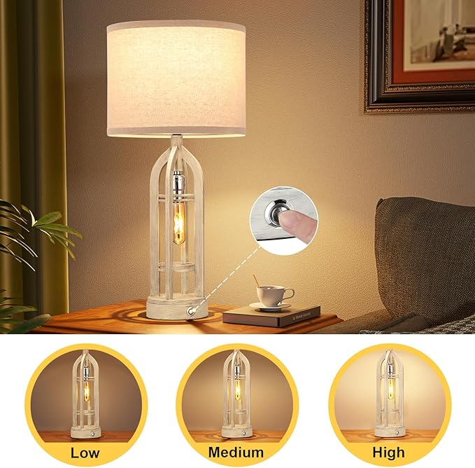 Seealle Table Lamp for Living Room Set of 2 - White Bedside Lamp for Bedroom with USB C+A & Outlet, Farmhouse Lamps for Night Stands, 3-Way Dimmable Touch Lamps for Living Room