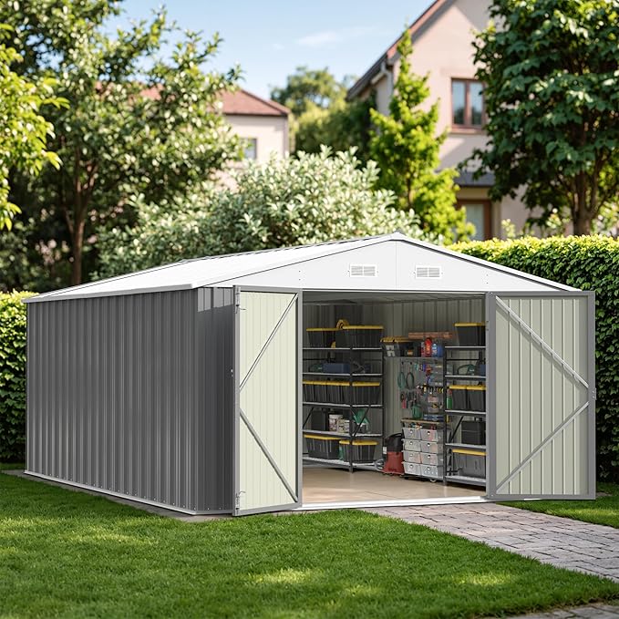 Patiowell 10x14 FT Outdoor Storage Shed, Large Metal Garden Shed with Lockable Door and Sloping Roof, Outside Steel Utility Tool Sheds for Backyard Lawn Garden Patio, Grey