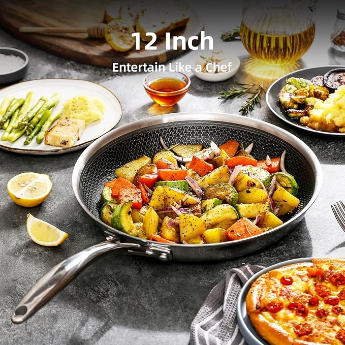 DELUXE Hybrid Ceramic Nonstick 12-Inch Fry Pan with Tempered Glass Lid, Skillet with Stay-Cool Handles, Dishwasher&Oven Safe, PFOA Free Compatible with All Cooktops