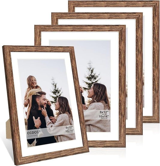 10x14 Picture Frame Set of 4, 10 x 14 Wood Photo Frames with Mat for 8x12 or 30x40cm Diamond Painting Art, Wooden Frame with Real Glass Cover for Wall and Tabletop Display,Rustic Brown