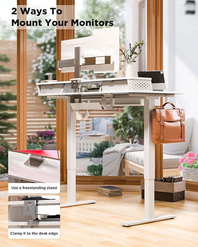 FiCiHi Adjustable Height Standing Desk with 4 Drawers,40 x 24 inches Electric Sit Stand Home Office Desk with Two Tiers, 3 Memory Presets, Monitor Stand Riser, C-Clamp Mount Compatible