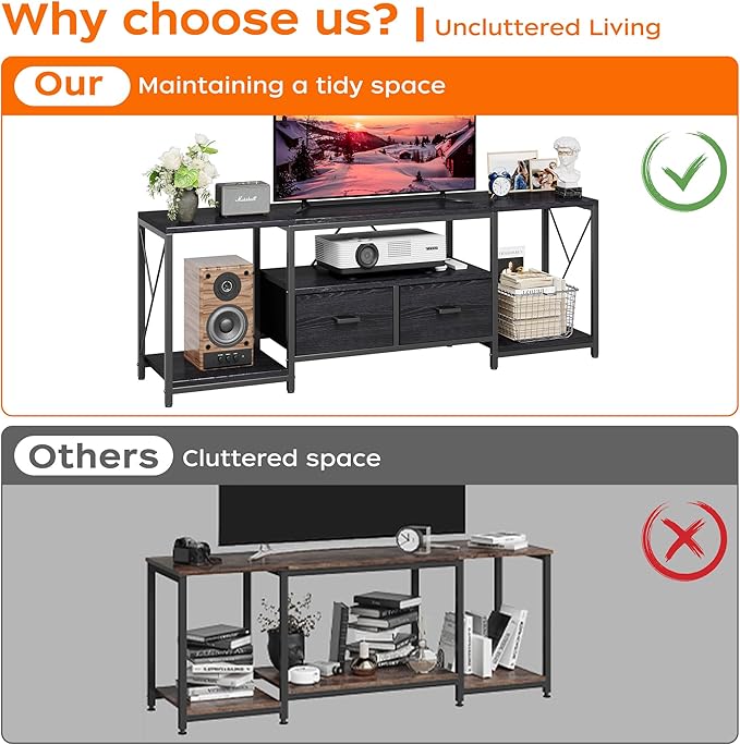 Homeiju TV Stand for TVs up to 75 Inch, Entertainment Center with Fabric Drawers, TV Media Console Table with Open Storage Shelves for Living Room, Bedroom, Black