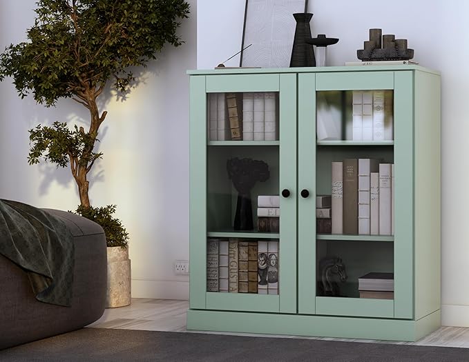 Palace Imports Solid Wood Bookcase - Floor Standing Bookshelf - 32” W - Display Furniture, Renewable 100% Eco-Friendly Wood, Made in Brazil (Sage, Clear Glass Doors | 3-Shelf Short Bookcase)