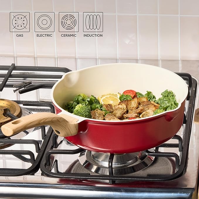 CAROTE 14 Pcs Ceramic Cookware Set, Pots and Pans Set Non Stick with Ceramic Coating, Induction Kitchen Sets, Red