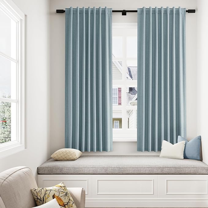 Guken Blue Linen Blackout Curtains 63 Inch Length 2 Panels Set for Living Room Bedroom Back Tab Thermal Insulated 100% Black Out Linen Drapes Room Darkening Window Curtains 63 Inches Long Dusty Blue