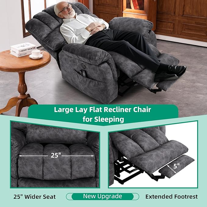 VIVIJASON Tall Man Large Dual Motor Power Lift Recliner Chair with Extended Footrest, Overstuffed Lay Flat Sleeper Electric Recliner W/Heat & Massage, Lumbar Pillow, USB & Type-C Ports, Plush Gray