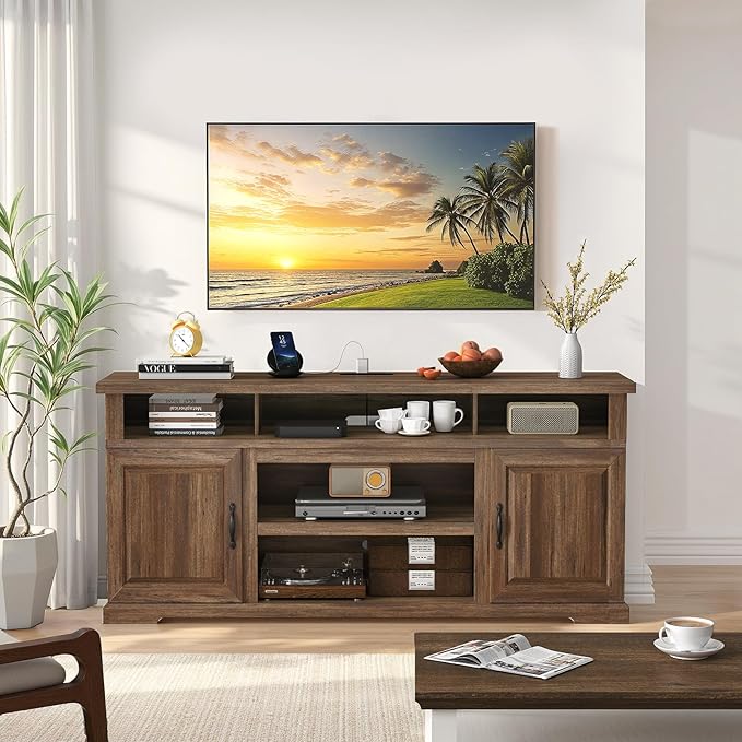 Marsail Modern Farmhouse TV Stand, Entertainment Center with Storage Cabinets, Adjustable Shelves and Power Outlets for Televisions up to 80 Inch, TV Console Table for Living Room, Brown