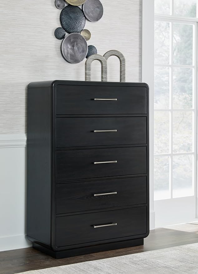 Signature Design by Ashley Rowanbeck Modern 5 Drawer Chest with Felt-Lined Top Drawer and Safety Stop, Black