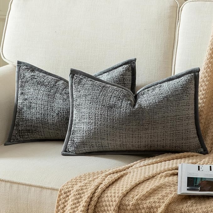 Yaertun Pack of 2 Chenille Textured Decorative Throw Pillow Covers Accent Solid Cushion Cover Soft Cozy Pillow Case with Velvet Back for Couch Sofa Bed Living Room 16x24 Inch Grey