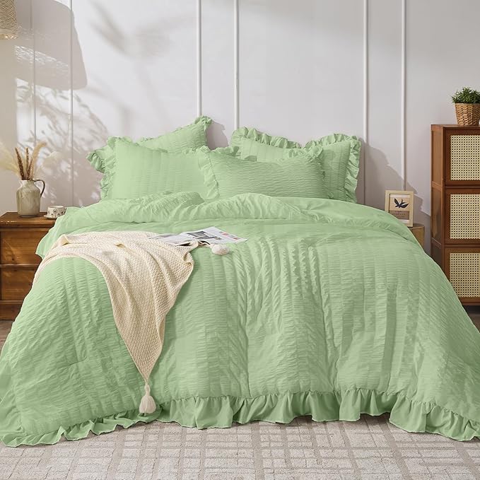 JOLLYVOGUE Sage Green Twin Size Comforter Set, 2 Pieces Seersucker Lightweight Fluffy Bedding Set, Twin Ruffle Comforter, All Season Soft Microfiber Shabby Chic Bed Set