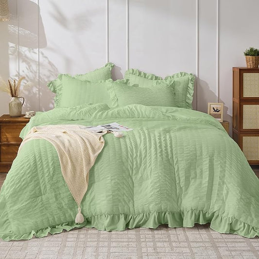JOLLYVOGUE Sage Green Comforter Full Size, 3 Pieces Seersucker Lightweight Full Size Bedding, All Season Fluffy Microfiber Bedding Comforter Set with 1 Ruffle Comforter and 2 Ruffle Pillowshams