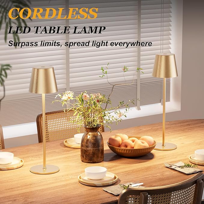 Cordless Table Lamp Rechargeable Gold - KK 2 Pack 5000mAH Battery Operated Lamp for Dining Table, 3 Color Stepless Dimming Waterproof LED Wireless Lamp for Counter, Outdoor Patio, Touch Control