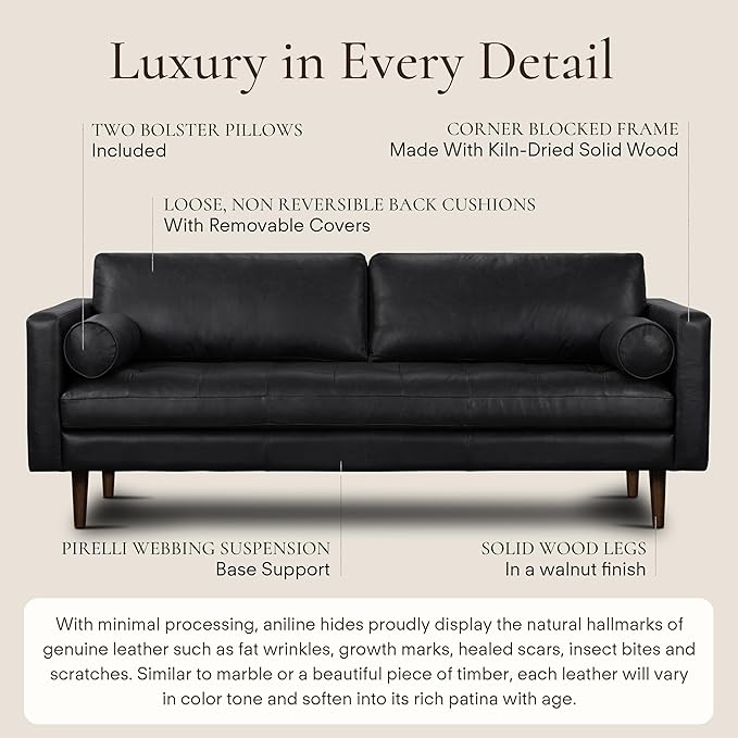 Poly & Bark Napa Leather Couch - 88.5-Inch Office Sofa with 2 Bolsters - Full-Grain Leather Sofa for Living Room with Feather-Down Topper - Living Room Couch - Vintage Italian Leather in Onyx Black