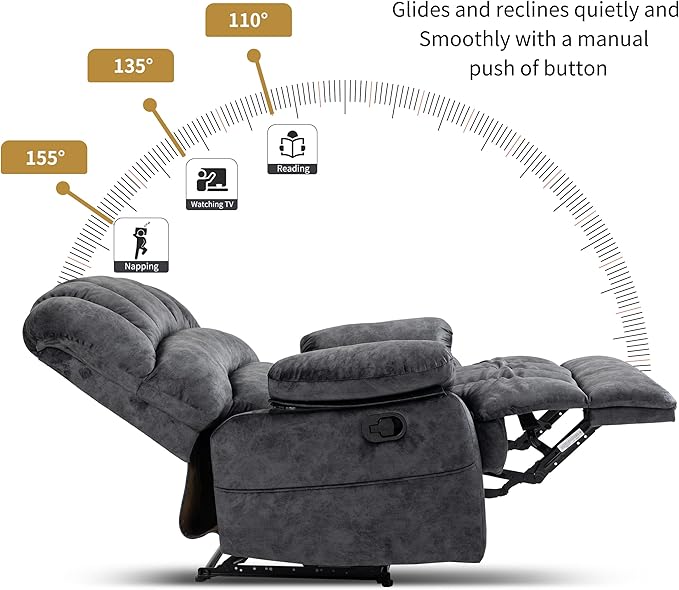 Luxlen Large Manual Recliner Chair,Soft Fabric Push Back Recliner with Overstuffed Armrest and Backrest, Living Room Single Sofa Recliners,Grey