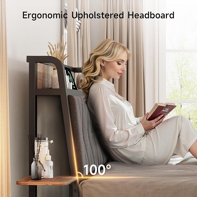 Twin Size Bed Frame with Side Storage Shelf, Ergonomic Upholstered Headboard with Charging Station, Twin Platform Bed Frame, Metal Slats Support, No Box Spring Needed, Easy Assembly, Black