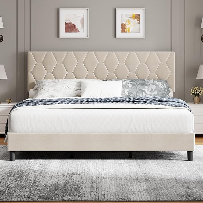GAOMON Beige Queen Bed Frame with Upholstered Headboard, Heavy-Duty Platform Bed Frame with Strong Wood Slats, No Box Spring Needed/Noise Free/Easy Assembly