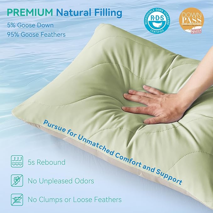 Three Geese Cooling Goose Feather Down Pillows Queen Size for Sleeping, Q-Max>0.45, Cool Hotel Quality Bed Pillows for Hot Side Stomach Back Sleepers, Washable Removable Cover, 20" x 30”