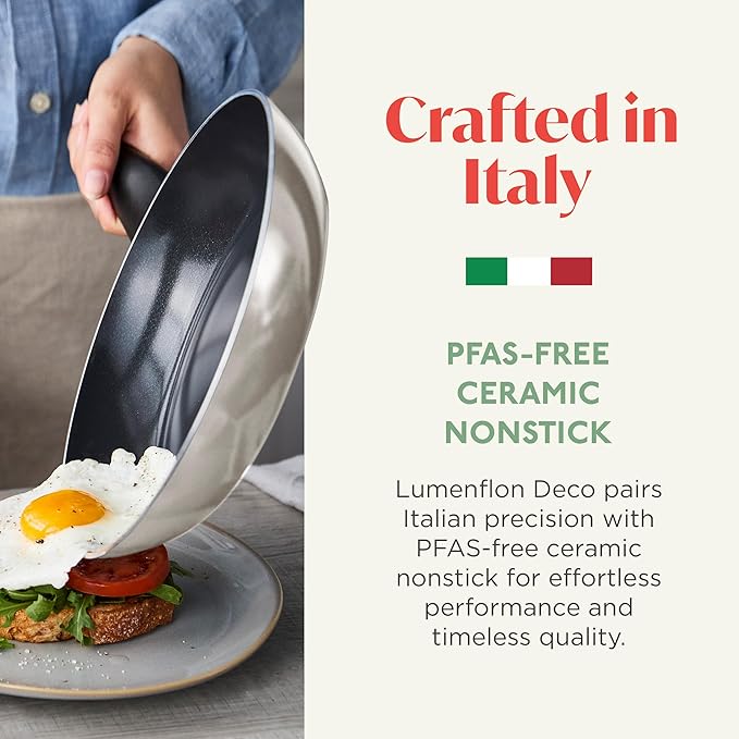 Deco 9.5” Nonstick Frying Pan Skillet, Made in Italy, Diamond Ceramic PFAS-Free, Dishwasher & Metal Utensil Safe, Durable Gloss Enamel Finish, Stay-Cool Handle, High Walls-Extra Room, Taupe