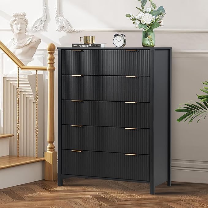 5 Drawer Double Dresser for Bedroom, Modern Wide Chest of Drawers with Fluted Panel Design,Wood Storage Dressers Chest of Drawers for Bedroom Living Room Hallway Closet,Black,2 Sets
