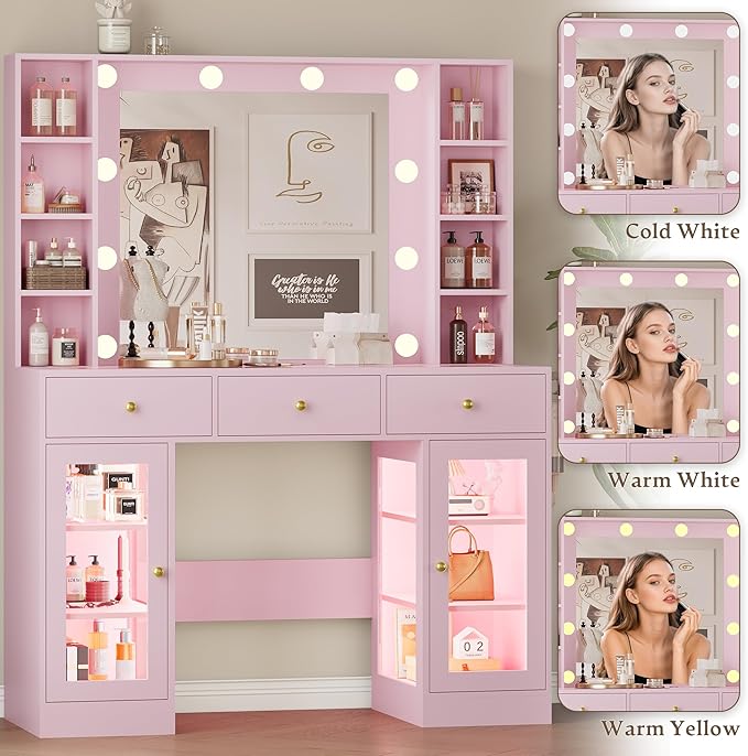 Makeup Vanity Desk with Mirror and Lights, Pink Vanity with Glass Top, LED Lights & Power Outlet, 3 Drawers & 2 RGB Glass Cabinets, Adjustable Lighted Dressing Table for Women & Girls Bedroom