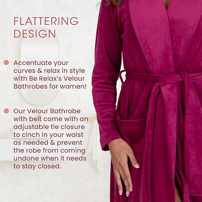 Be Relax Terry Velour Robe - Made of Polyester, Shawl Collar Robe with Belt & Side Pockets, Soft & Warm Bathrobe for Women