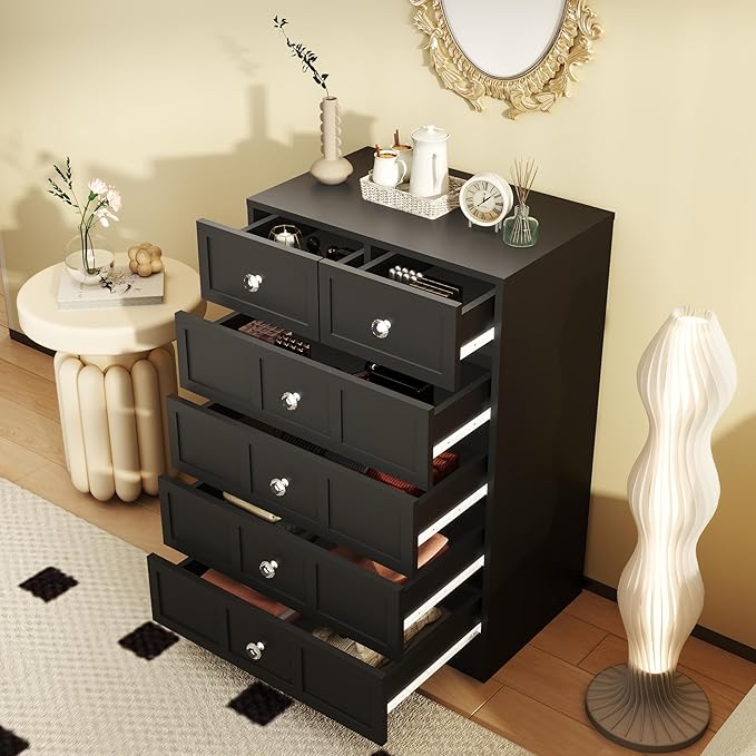 6 Drawer Dresser for Bedroom: 24" Fluted Black Dresser Deep Drawers, Modern Chest of Drawers for Bedroom, Fluted Wood Dressers for Living Room, Hallway