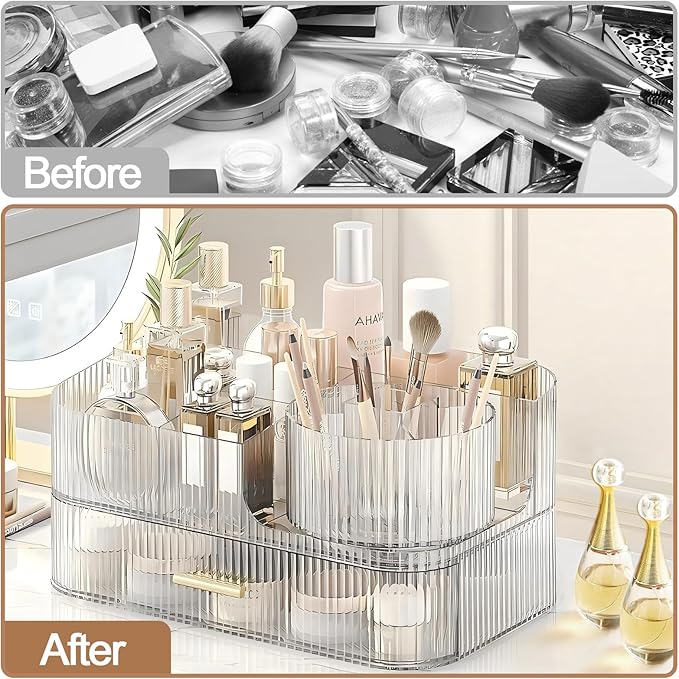 DASITON Makeup Organizer with Drawers and Rotating Makeup Brush Holder,Large Capacity Stackable Cosmetic Organizer Countertop,Bathroom Organizers and Storage,Make up Organizers for Vanity (Clear 02)